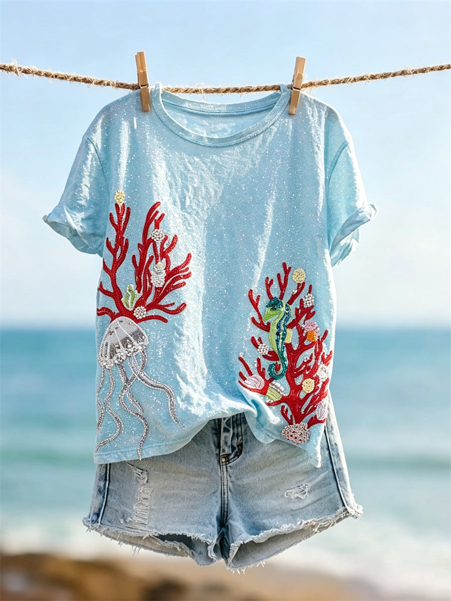 Damen-T-Shirt mit Unterwasser-Druck: Korallen, Quallen und Seepferdchen, kurzärmelig