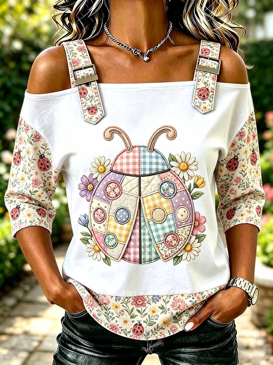Damenmode Sieben-Sterne-Marienkäfer-Muster bedrucktes lässiges T-Shirt