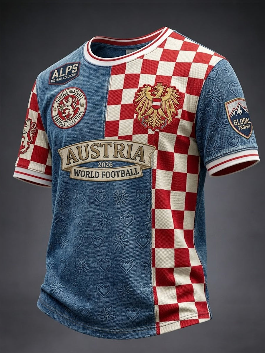 Vintage österreichisches 2026-Fußball-Kariertes Patchwork-Lässiges T-Shirt