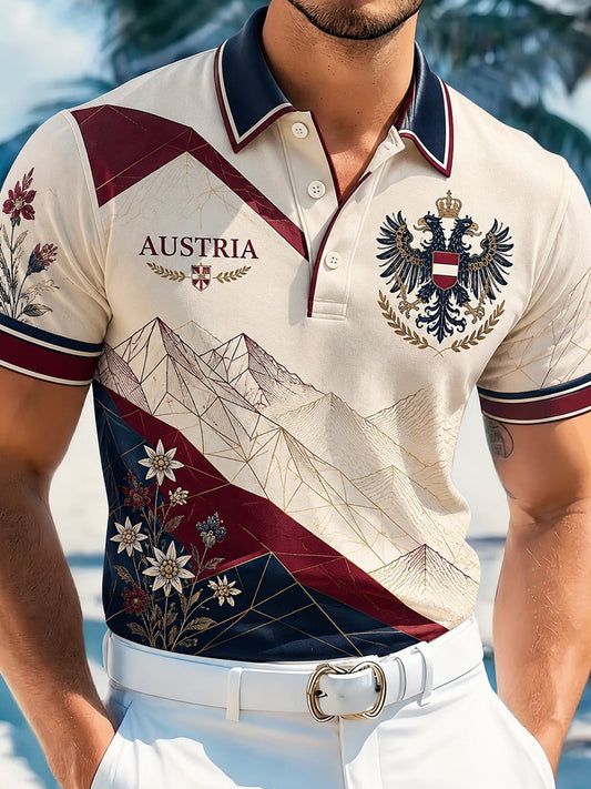 Herren-Polo mit kurzen Ärmeln und Kunstdruck eines österreichischen Naturmotivs