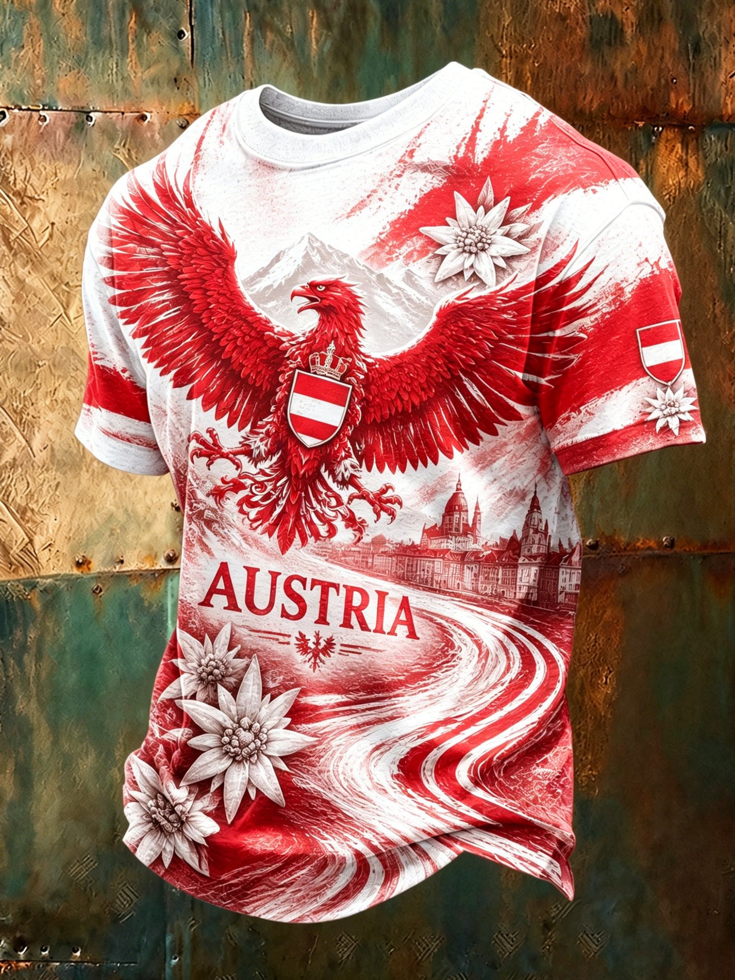 Herren-T-Shirt mit kurzen Ärmeln und Kunstdruck eines österreichischen Naturlandschafts‑Motivs