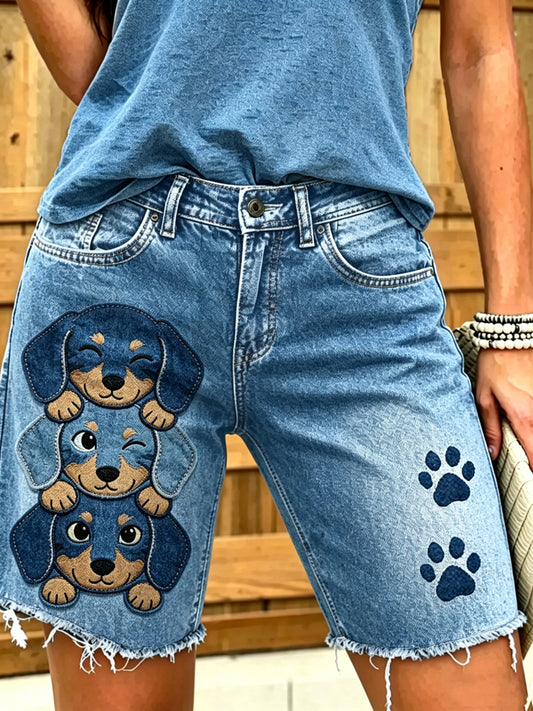 Damen-Jeans mit kurzer Länge und tierischem Hunde-Druck
