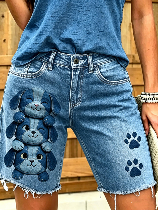 Damen-Jeans mit kurzer Länge und tierischem Hunde-Druck