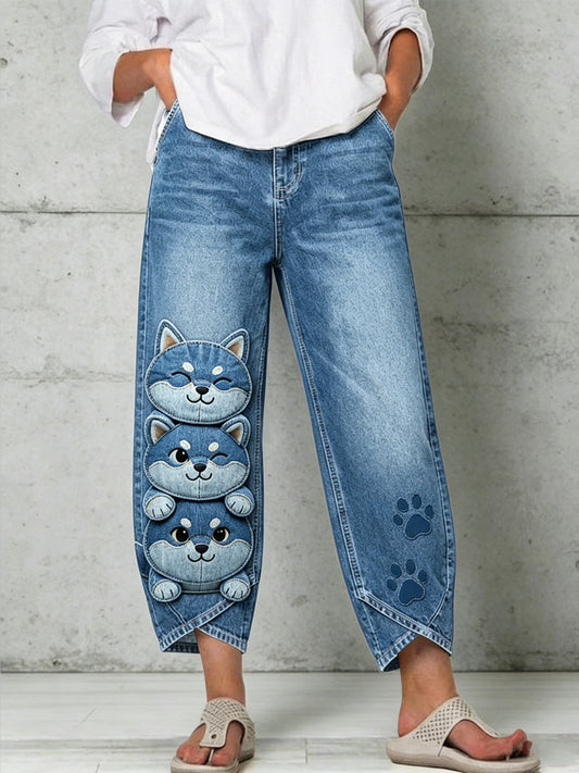 Damen Tier Hund Kunstdruck Hose