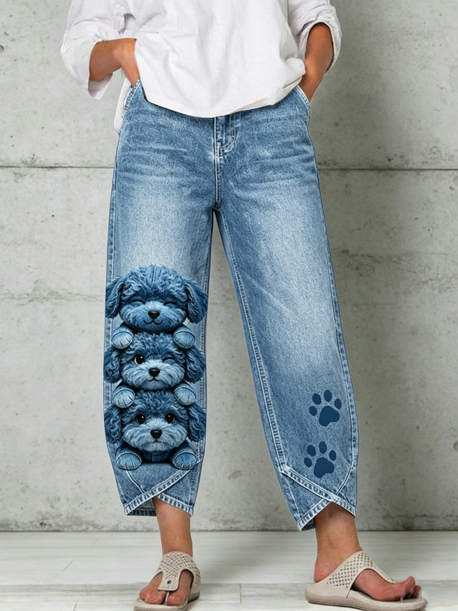 Damen-Hose mit Tier- und Hundekunstdruck