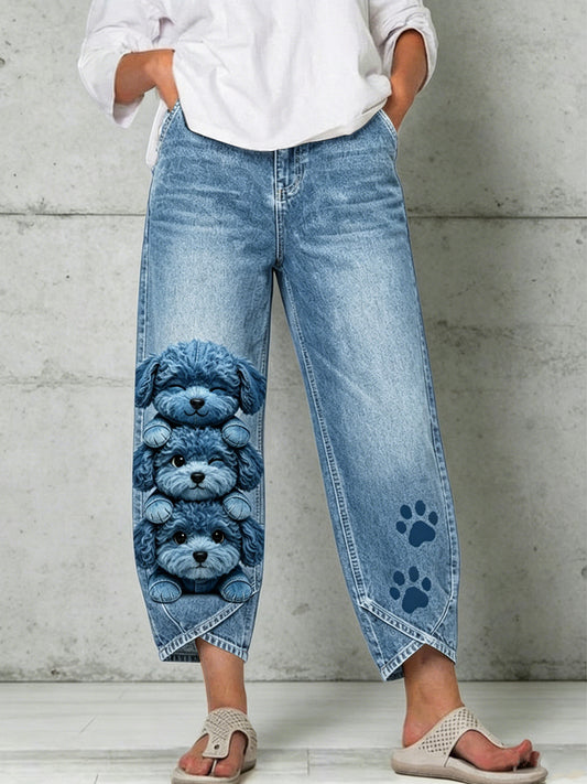 Damen-Hose mit Tier- und Hundekunstdruck