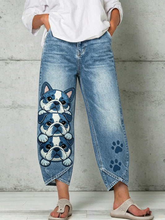 Damen-Hose mit Tier- und Hundekunstdruck
