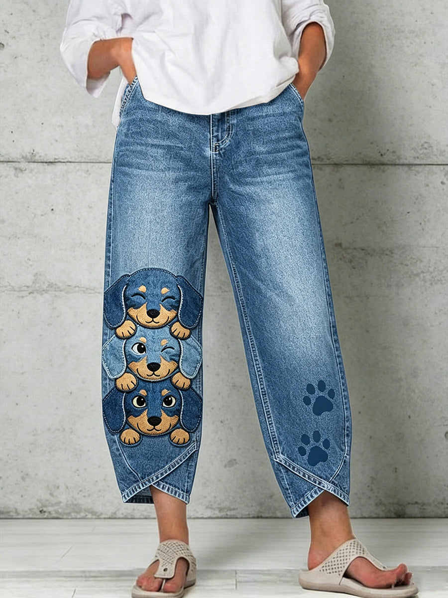 Damen-Hose mit Tier- und Hundekunstdruck