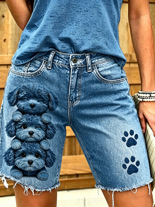 Damen-Jeans mit kurzer Länge und tierischem Hunde-Druck