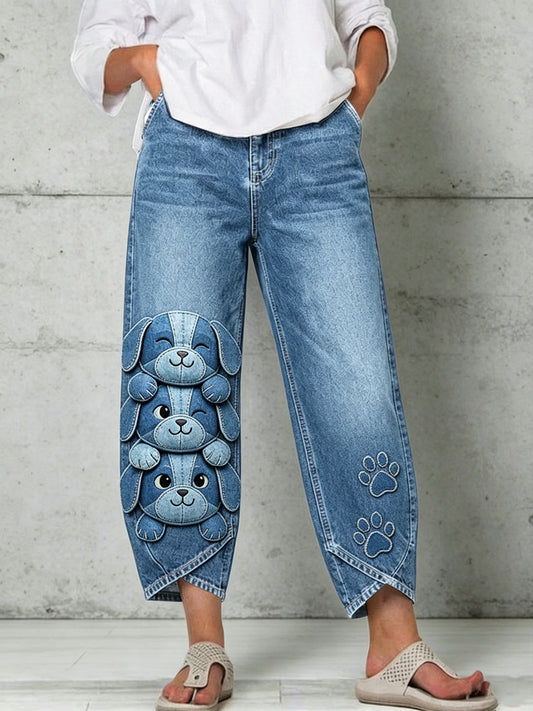 Damen-Hose mit Tier- und Hundekunstdruck