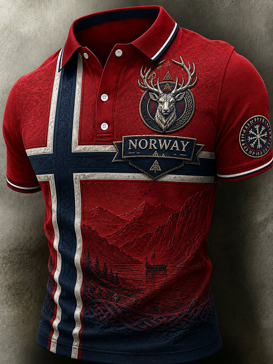 Herren-Poloshirt im Retro-Nordic-Stil mit norwegischem Kunstdruck