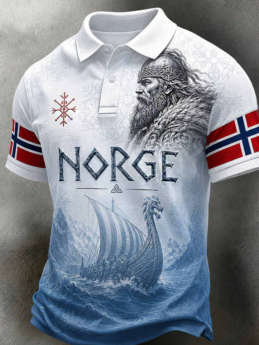 Herren Retro-Polo-Shirt im nordischen Stil mit norwegischem Kunstdruck