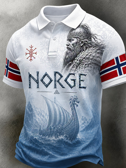 Herren Retro-Polo-Shirt im nordischen Stil mit norwegischem Kunstdruck