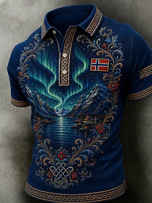 Herren-Poloshirt im Retro-Nordic-Stil mit norwegischem Kunstdruck