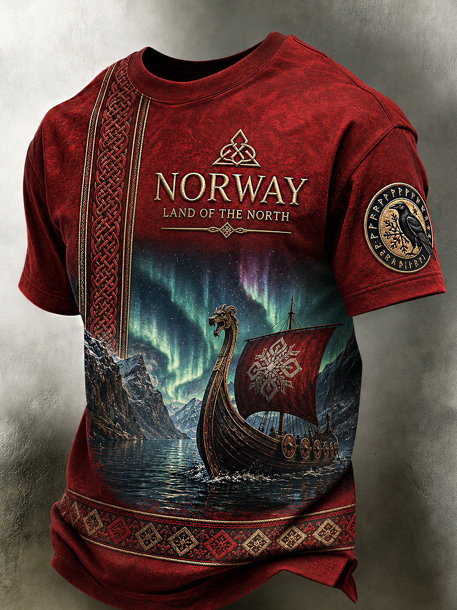 Herren-T-Shirt im Retro-Nordic-Stil mit norwegischem Kunstdruck