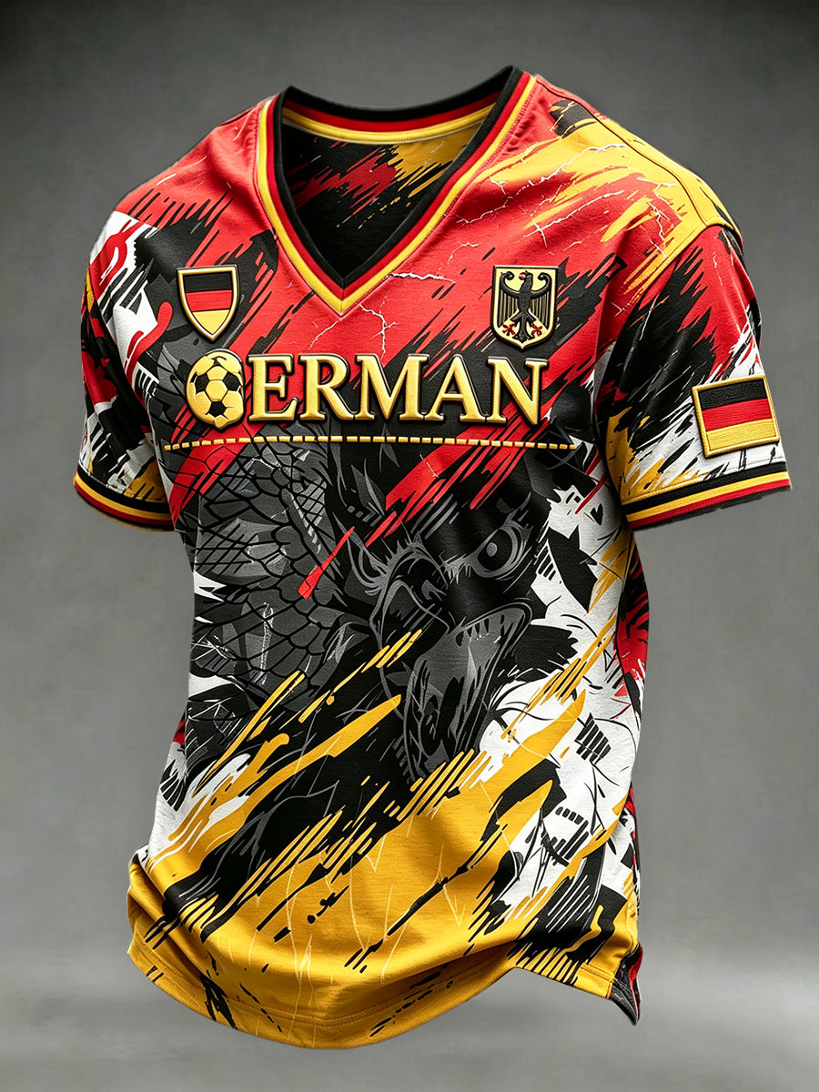 Herren-T-Shirt mit V-Ausschnitt, lässig, mit deutschem Fußballadler-Print