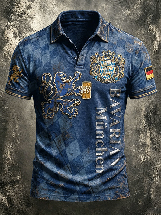 Herren-T-Shirt im Vintage-Stil, tiefblaues Münchner Bayern-Print, lässiges Poloshirt