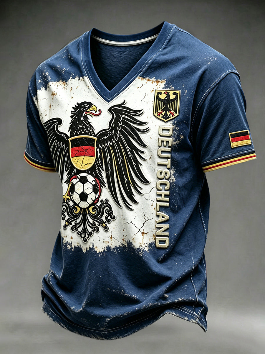 Herren-Vintage-T-Shirt in Marineblau mit deutschem Fußball-Print und V-Ausschnitt, lässiger Stil