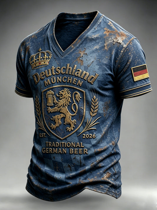 Dunkelblaues, lässiges Herren-T-Shirt im Vintage-Stil mit Münchner Aufdruck und V-Ausschnitt