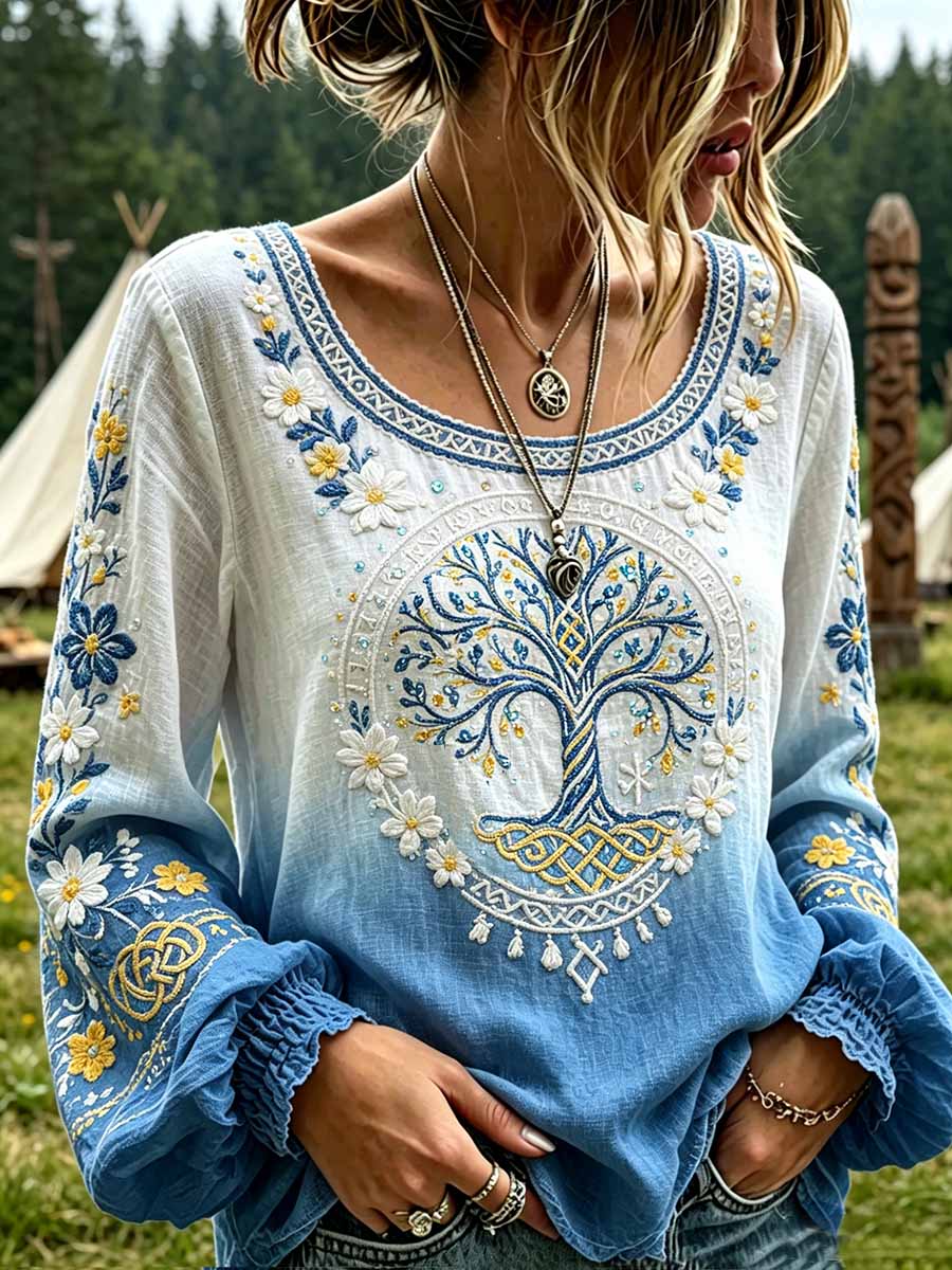 Damenmode Wikinger Lebensbaum-Kunstdruck-Top