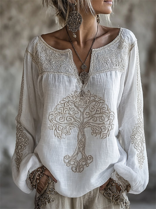 Damenhemd aus Baumwolle-Leinen im Vintage-Stil mit Lebensbaum-Print und Kerbenausschnitt