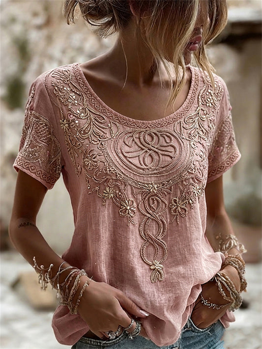 Damen-Vintage-T-Shirt aus Leinen mit keltischem Wikingerknoten- und Blumenmuster sowie kurzen Ärmeln