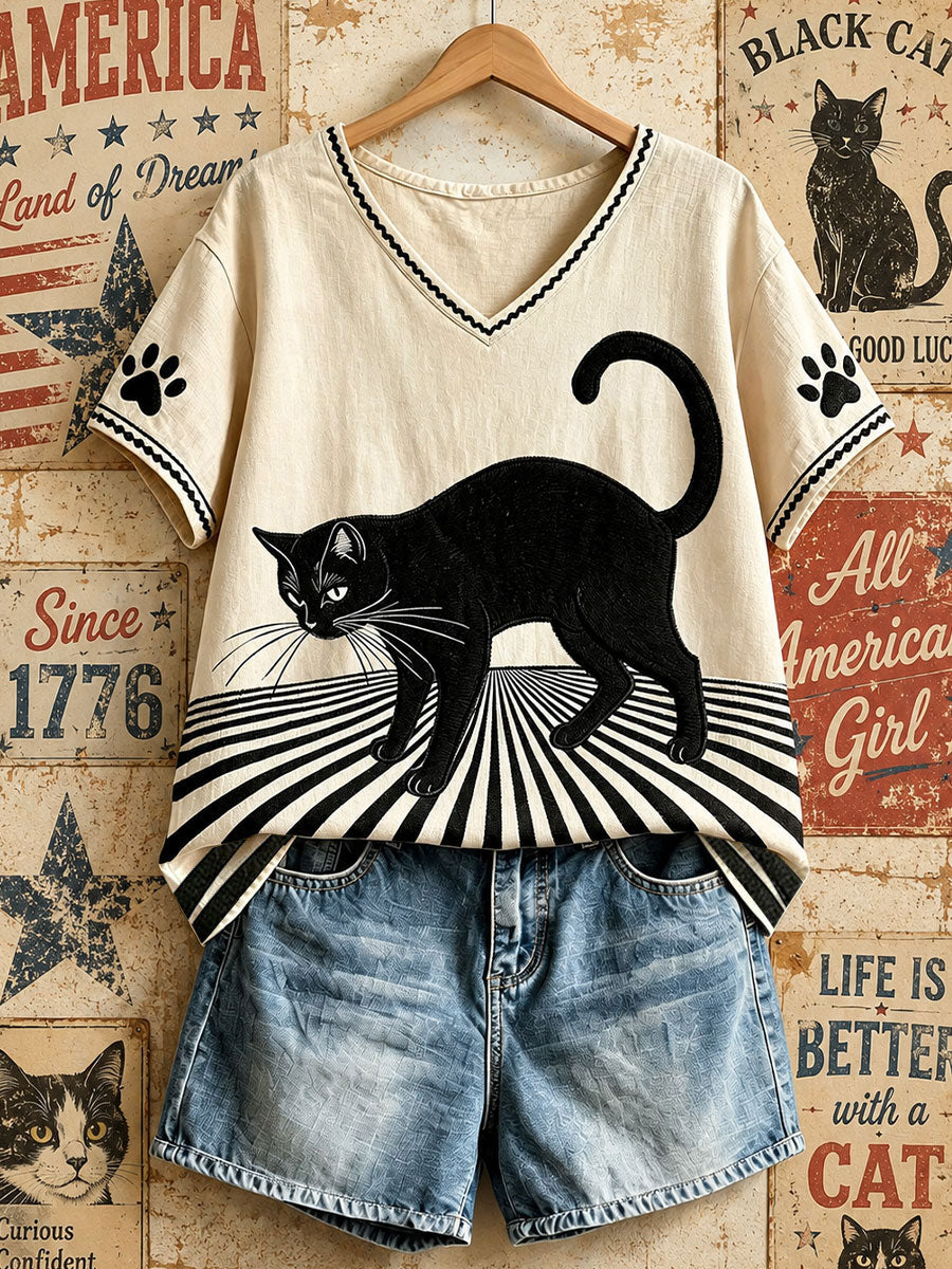 Amerikanische Vintage schwarze Katzen-Oberteile für Damen mit V-Ausschnitt
