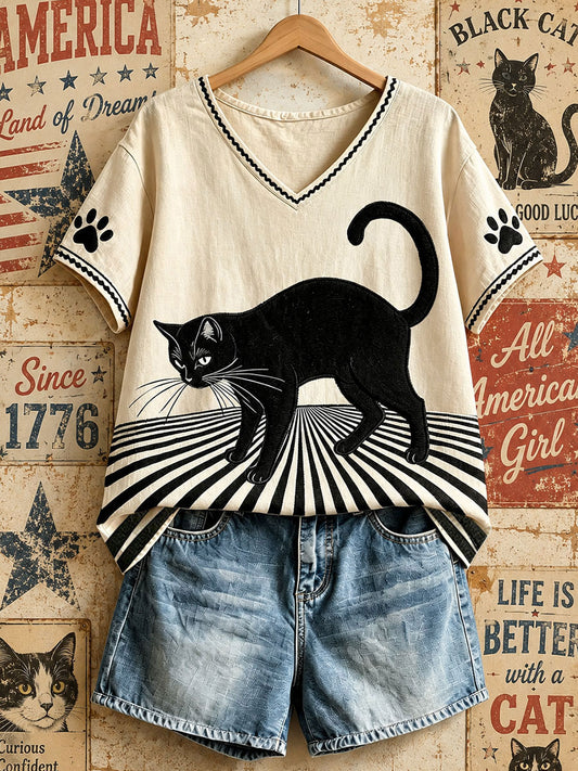 Amerikanische Vintage schwarze Katzen-Oberteile für Damen mit V-Ausschnitt