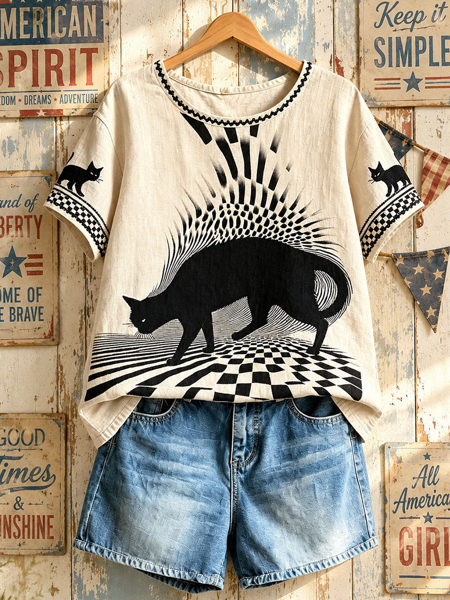 Damen-Amerikanische Retro-Oberteile mit geometrischem Muster und schwarzer Katze