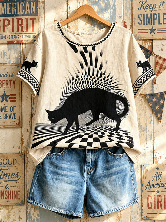 Damen-Amerikanische Retro-Oberteile mit geometrischem Muster und schwarzer Katze