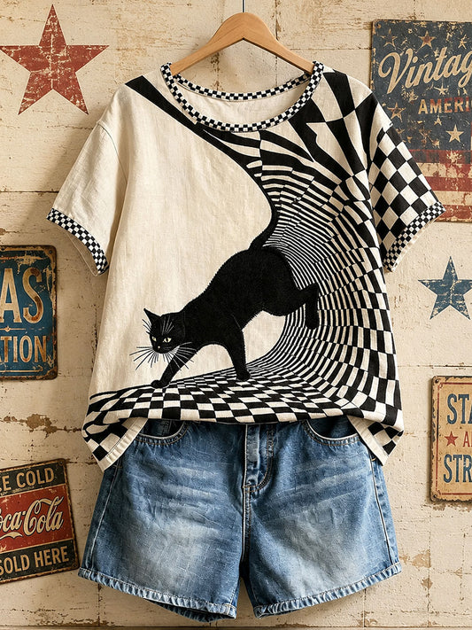 Damen-Amerikanische Retro-Oberteile mit geometrischem Muster und schwarzer Katze