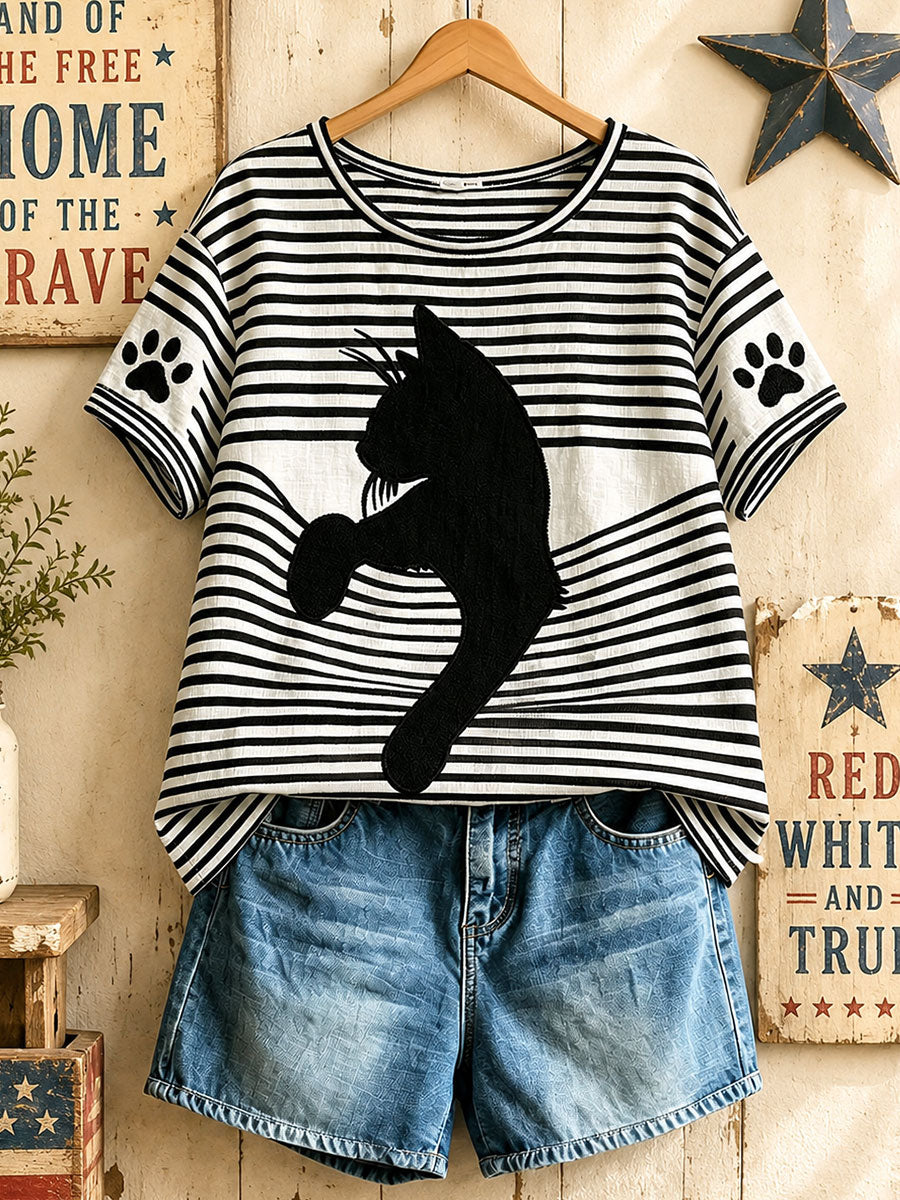 Damen-Amerikanische Retro-Oberteile mit geometrischem Muster und schwarzer Katze