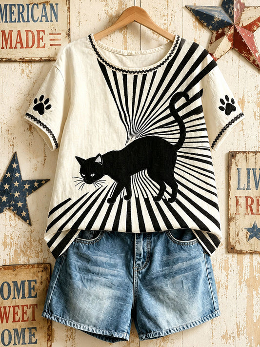 Damen-Amerikanische Retro-Oberteile mit geometrischem Muster und schwarzer Katze