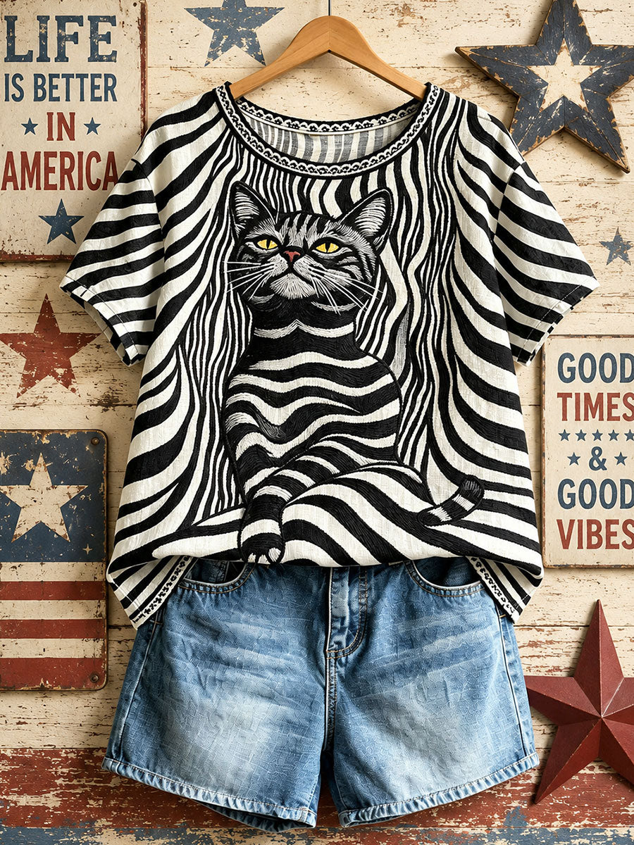 Damen-Amerikanische Retro-Oberteile mit geometrischem Muster und schwarzer Katze
