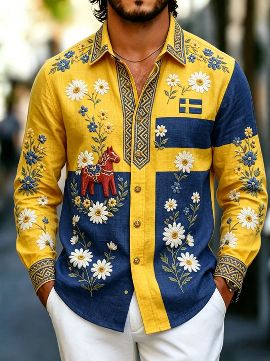 Herren-Retro-Hemd zum schwedischen Nationalfeiertag, Mittsommer, im Folklore-Stil mit Blumenmuster aus Baumwolle-Leinen