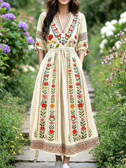 Damen Off-White Swedish Floral Midsummer Print Casual V-Ausschnitt Kleid