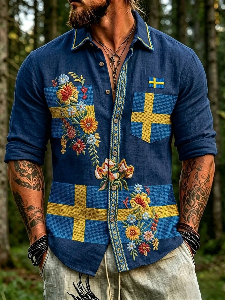 Herren-Retro-Hemd zum schwedischen Nationalfeiertag Midsommer im Folklore-Stil mit Blumenmuster und langen Ärmeln