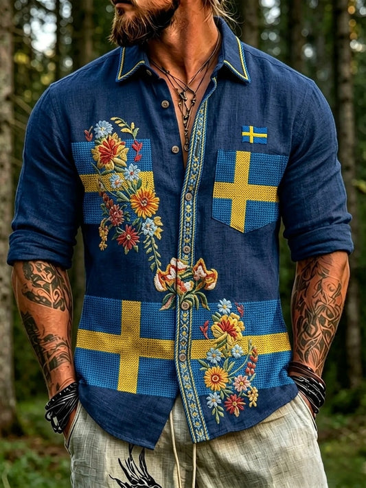 Herren-Retro-Hemd zum schwedischen Nationalfeiertag Midsommer im Folklore-Stil mit Blumenmuster und langen Ärmeln