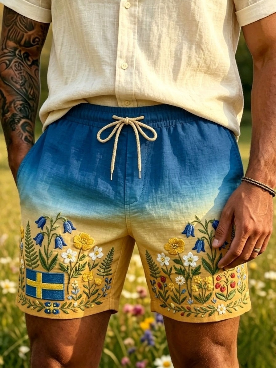 Herren Retro Swedish National Day Mittsommer Folk Blumen Baumwoll-Leinen kurze Hosen