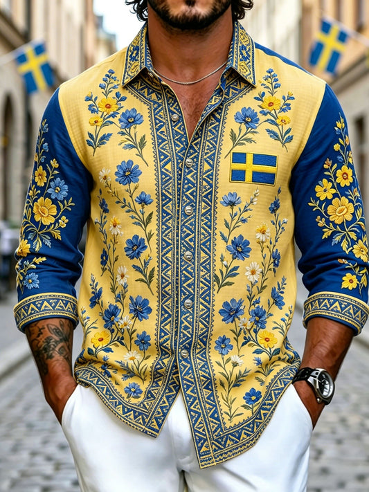 Herren-Retro-Hemd zum schwedischen Nationalfeiertag, Mittsommer, im Folklore-Stil mit Blumenmuster aus Baumwolle-Leinen