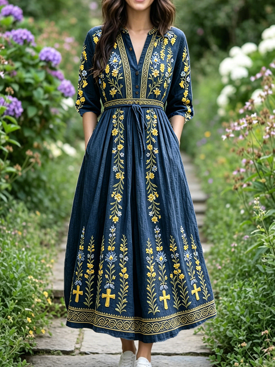 Damen Deep Blue Casual V-Ausschnitt Kleid mit schwedischem Blumen druck