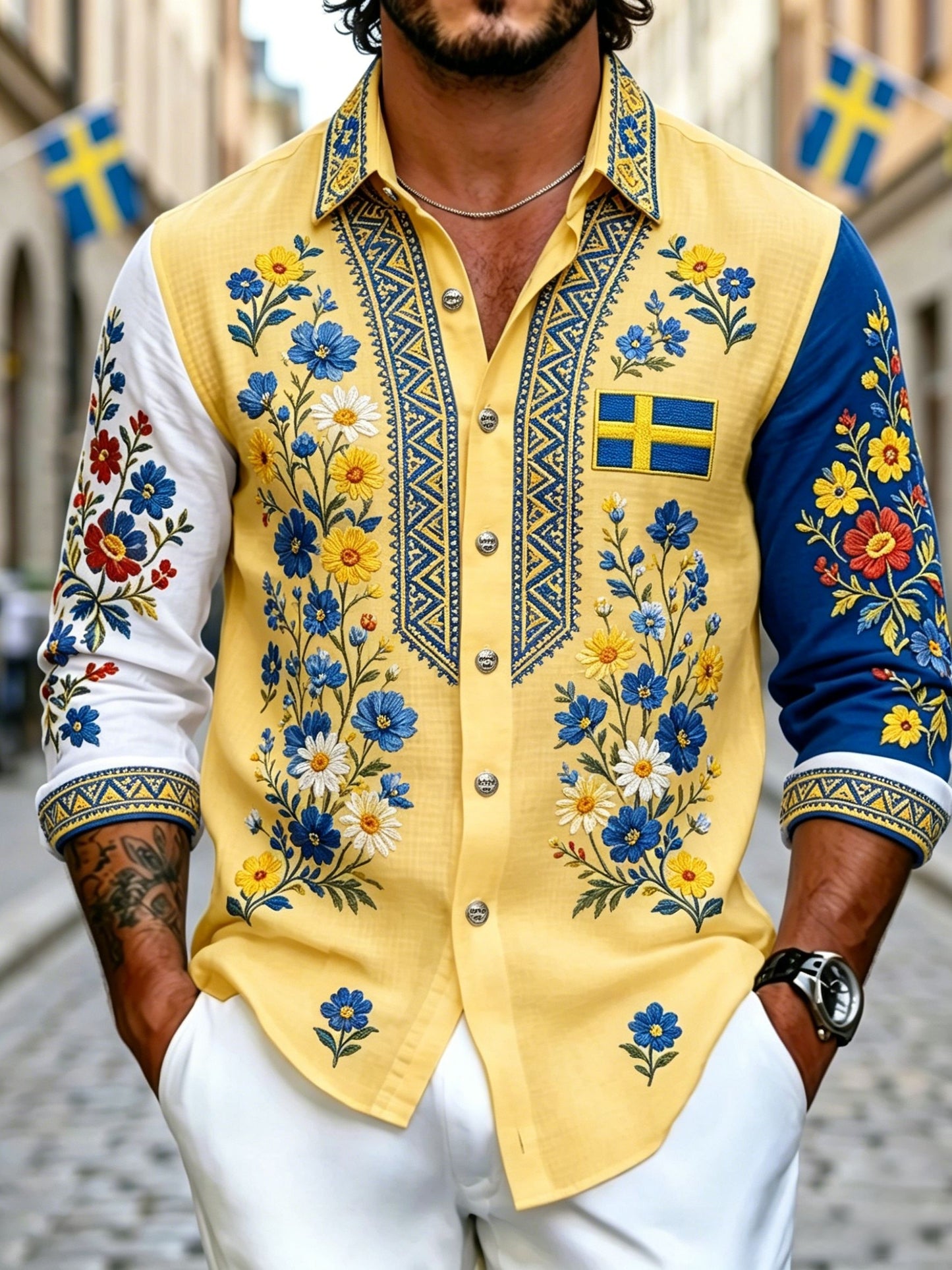 Herren Retro Swedish National Day Mittsommer Folk Floral Langarm Shirt
