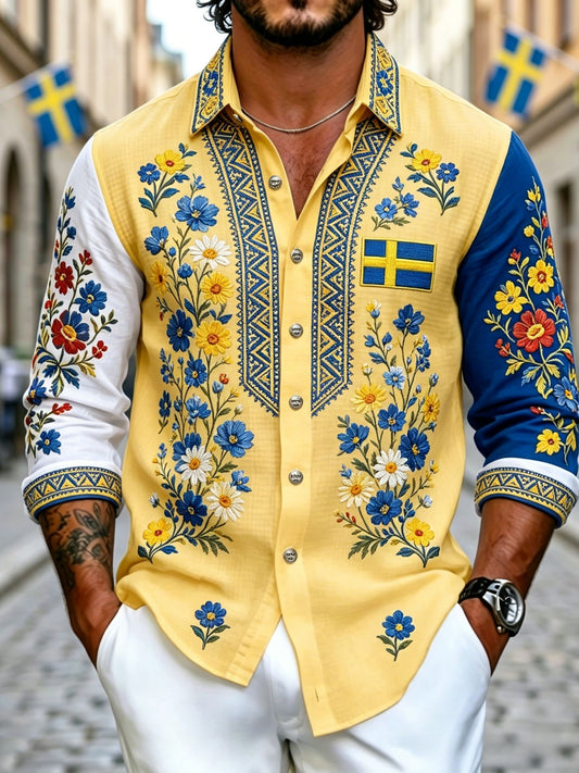 Herren Retro Swedish National Day Mittsommer Folk Floral Langarm Shirt
