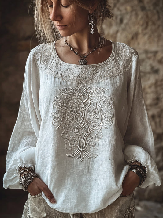Damen-Edel-Shirt aus Baumwoll-Leinen mit weißer Rosen- und Walkürenlebensbaum-Print-Optik