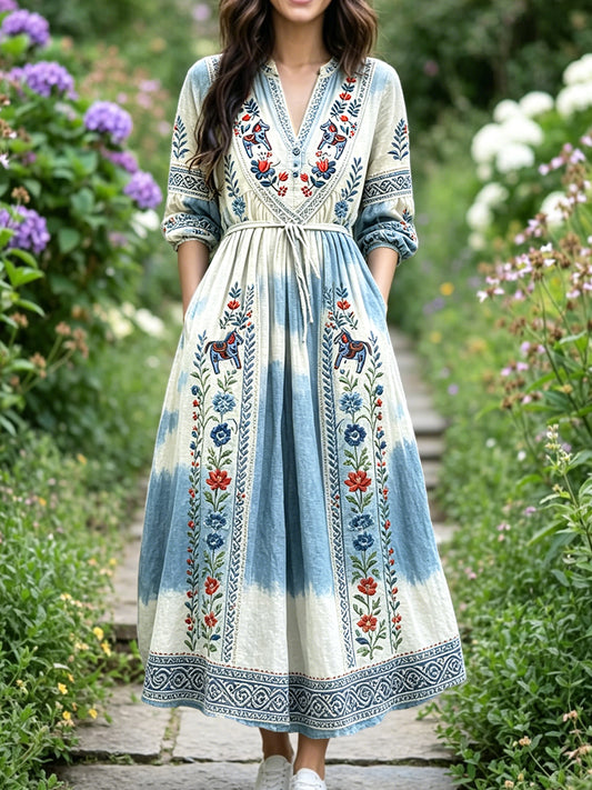 Swedish Dala Horse Lässiges Kleid mit V-Ausschnitt und Blumen druck für Damen