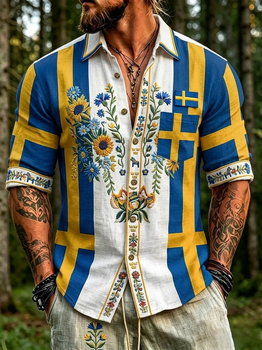 Herren-Retro-Hemd zum schwedischen Nationalfeiertag Midsommer im Folklore-Stil mit Blumenmuster und langen Ärmeln