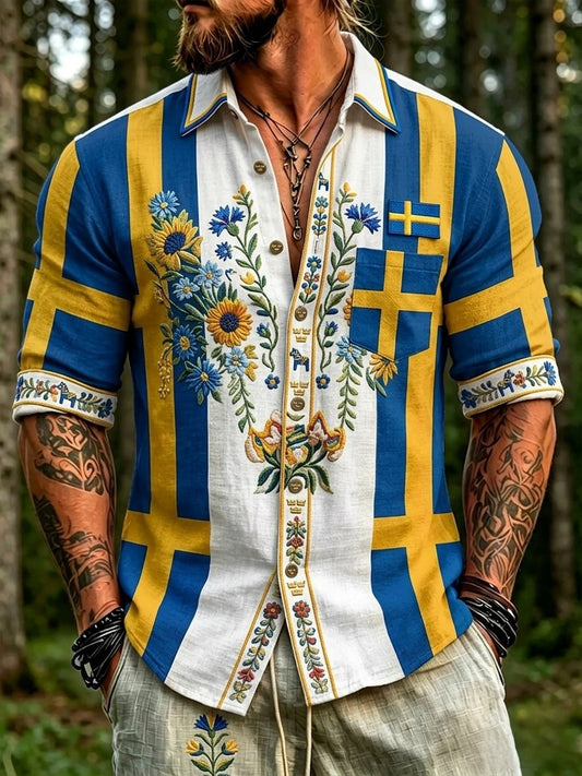 Herren-Retro-Hemd zum schwedischen Nationalfeiertag Midsommer im Folklore-Stil mit Blumenmuster und langen Ärmeln