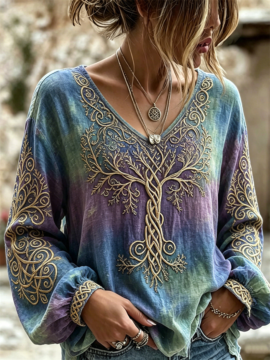 Damen‑Vintage‑Wikinger‑Lebensbaum‑Keltisches Muster Buntgefärbtes Baumwoll‑Leinen‑Hemd