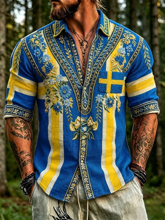 Herren Retro Swedish National Day Mittsommer Folk Floral Baumwoll-Leinen hemd