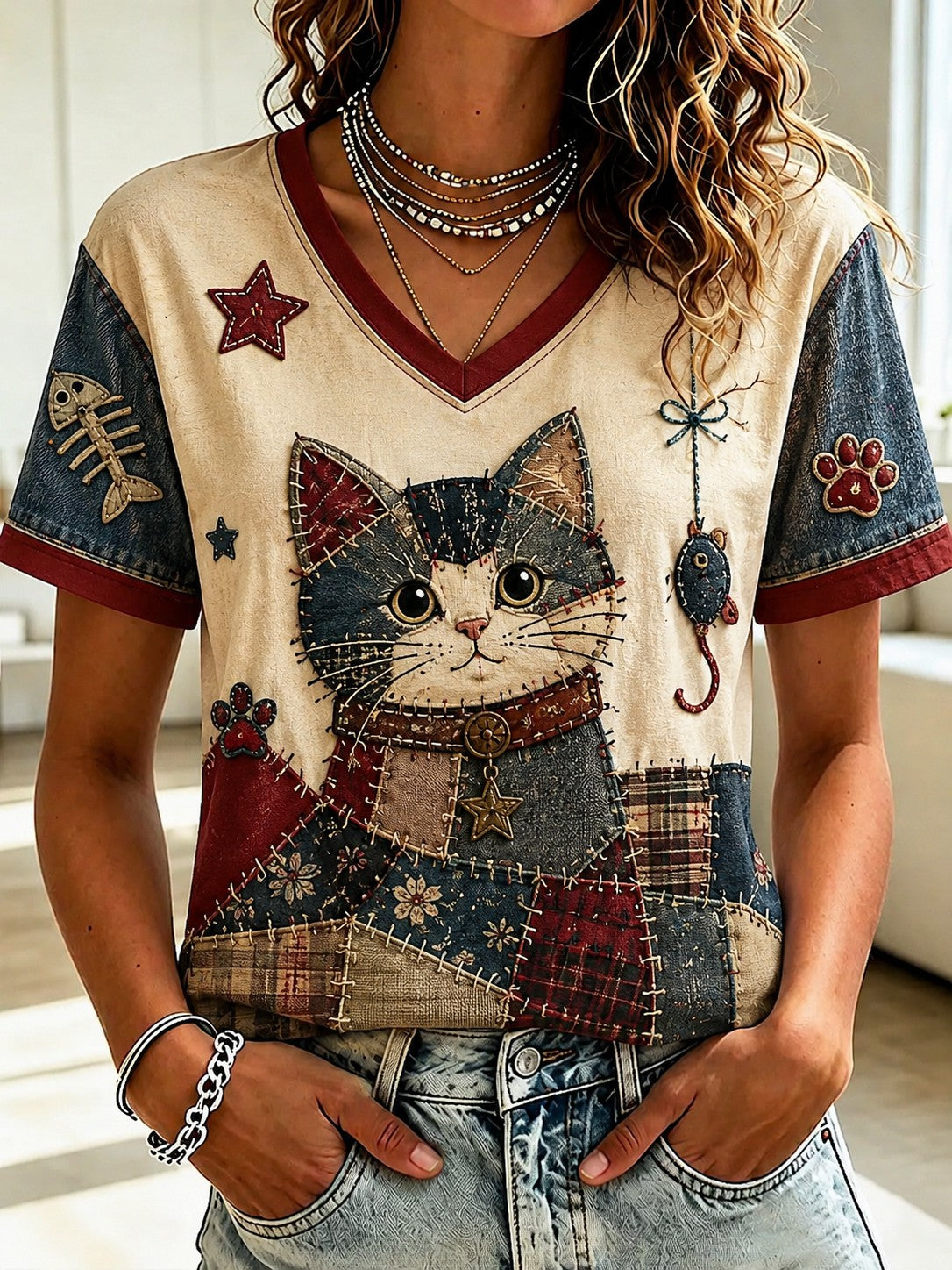 Damen-T-Shirt mit Katzenmotiv und V-Ausschnitt